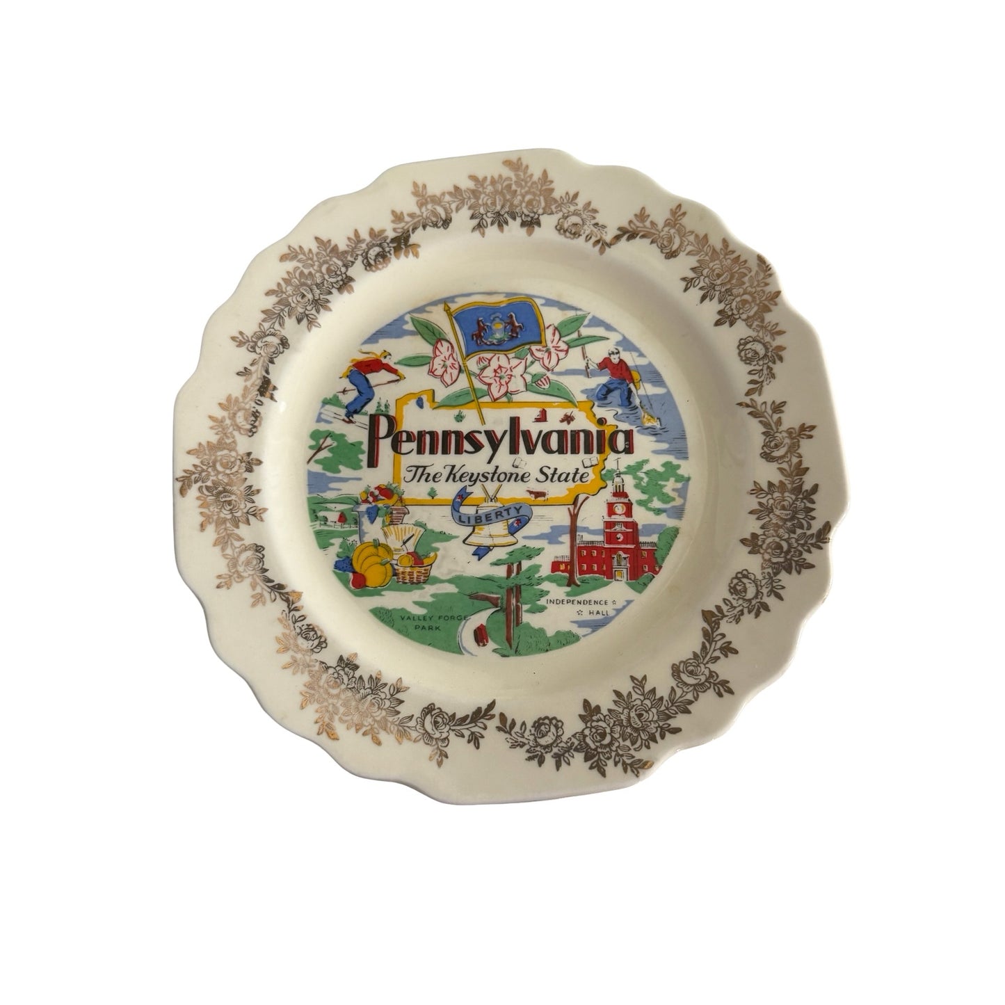 Vintage Pennsylvania The Keystone State Souvenir Plate 7 Inch Floral Border Scenic Transferware