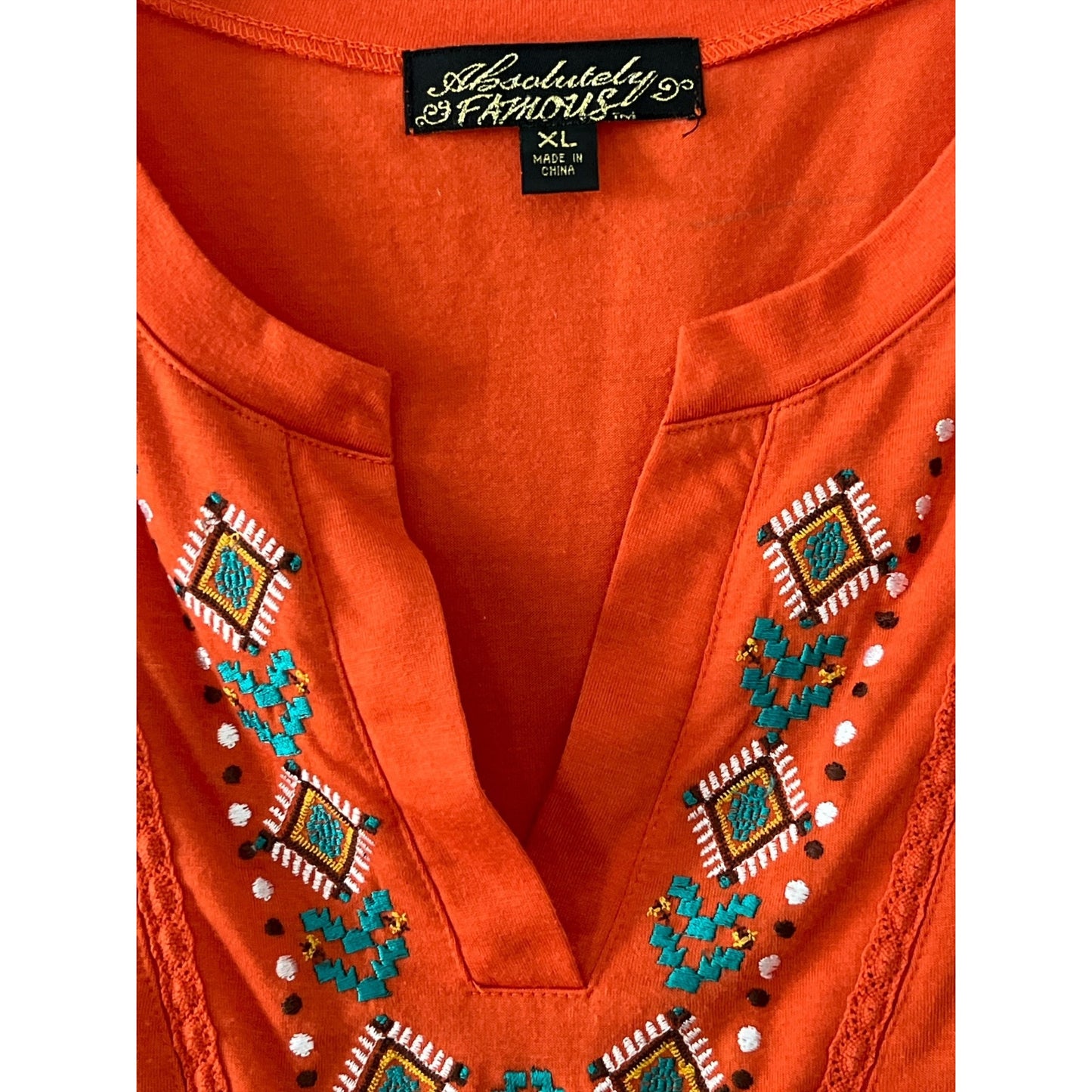 Absolutely Famous Embroidered Boho Top XL Orange Short Sleeve