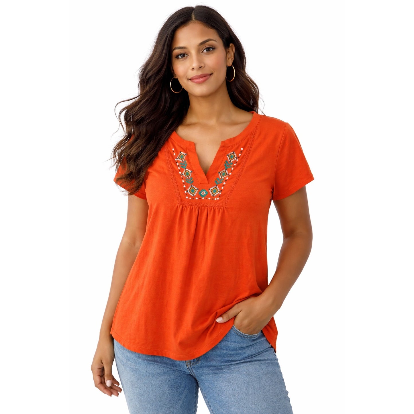 Absolutely Famous Embroidered Boho Top XL Orange Short Sleeve