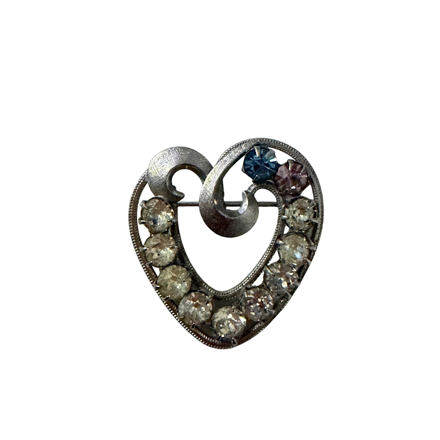 Vintage Sterling Silver Rhinestone Heart Brooch Blue & Pink Accent Stones Open Heart Pin 1 Inch