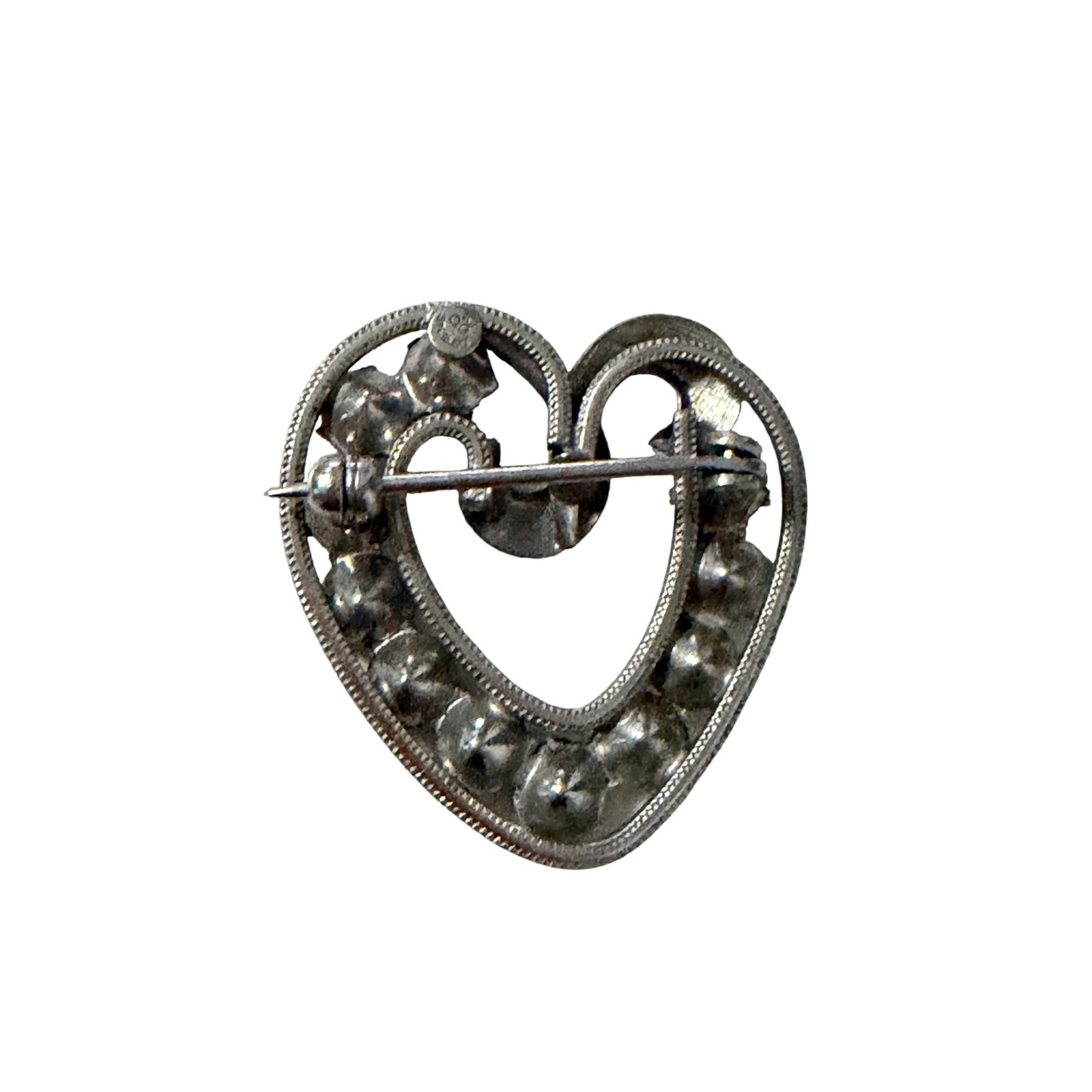 Vintage Sterling Silver Rhinestone Heart Brooch Blue & Pink Accent Stones Open Heart Pin 1 Inch