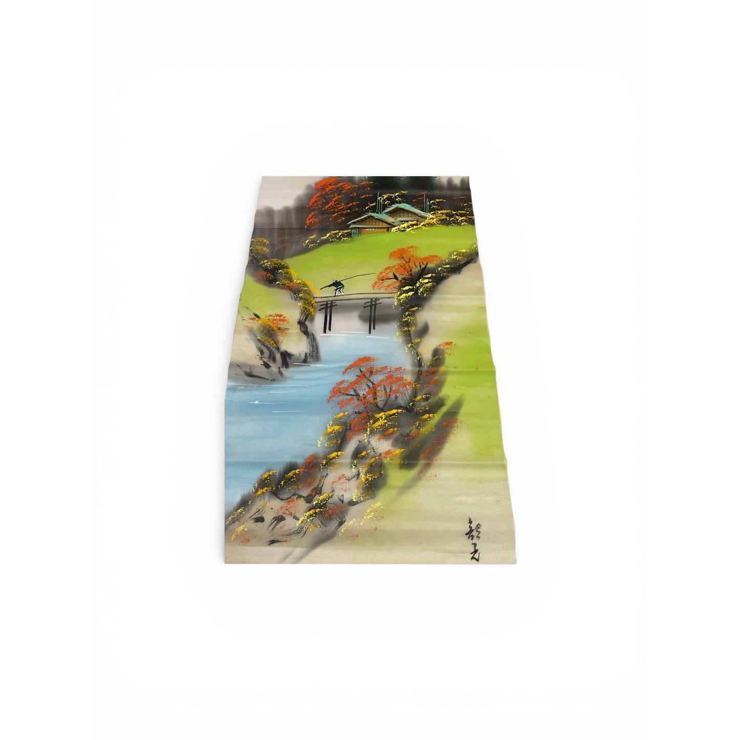 Vintage Hand Painted Japanese Silk Wall Scroll Landscape Signed Art Hanging