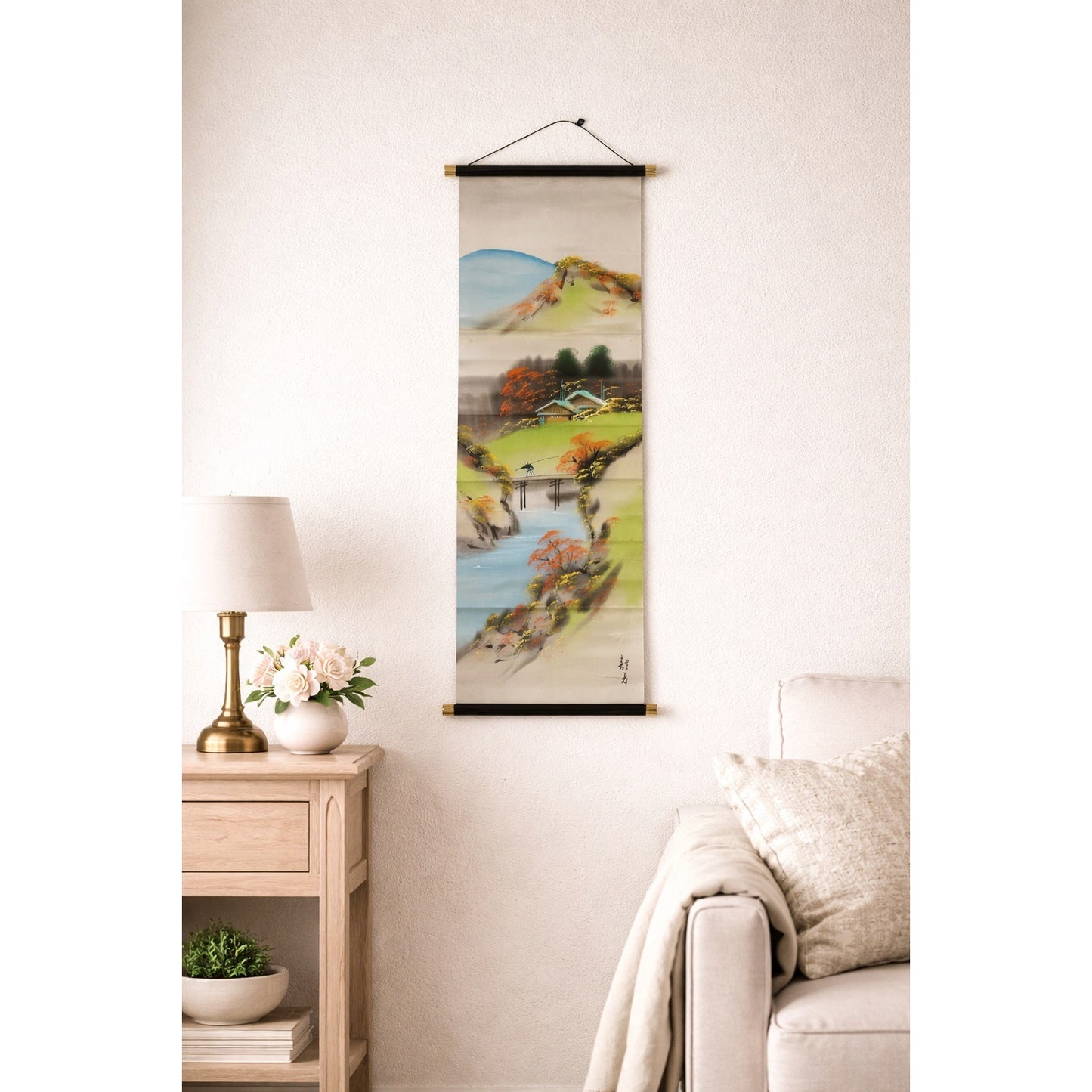 Vintage Hand Painted Japanese Silk Wall Scroll Landscape Signed Art Hanging