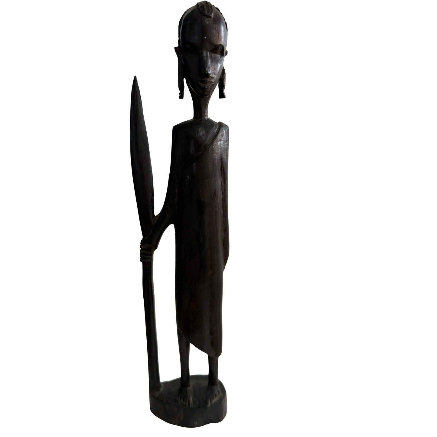 Hand Carved African Warrior Sculpture Wood Figure with Spear 12" Tribal Folk Art Statue