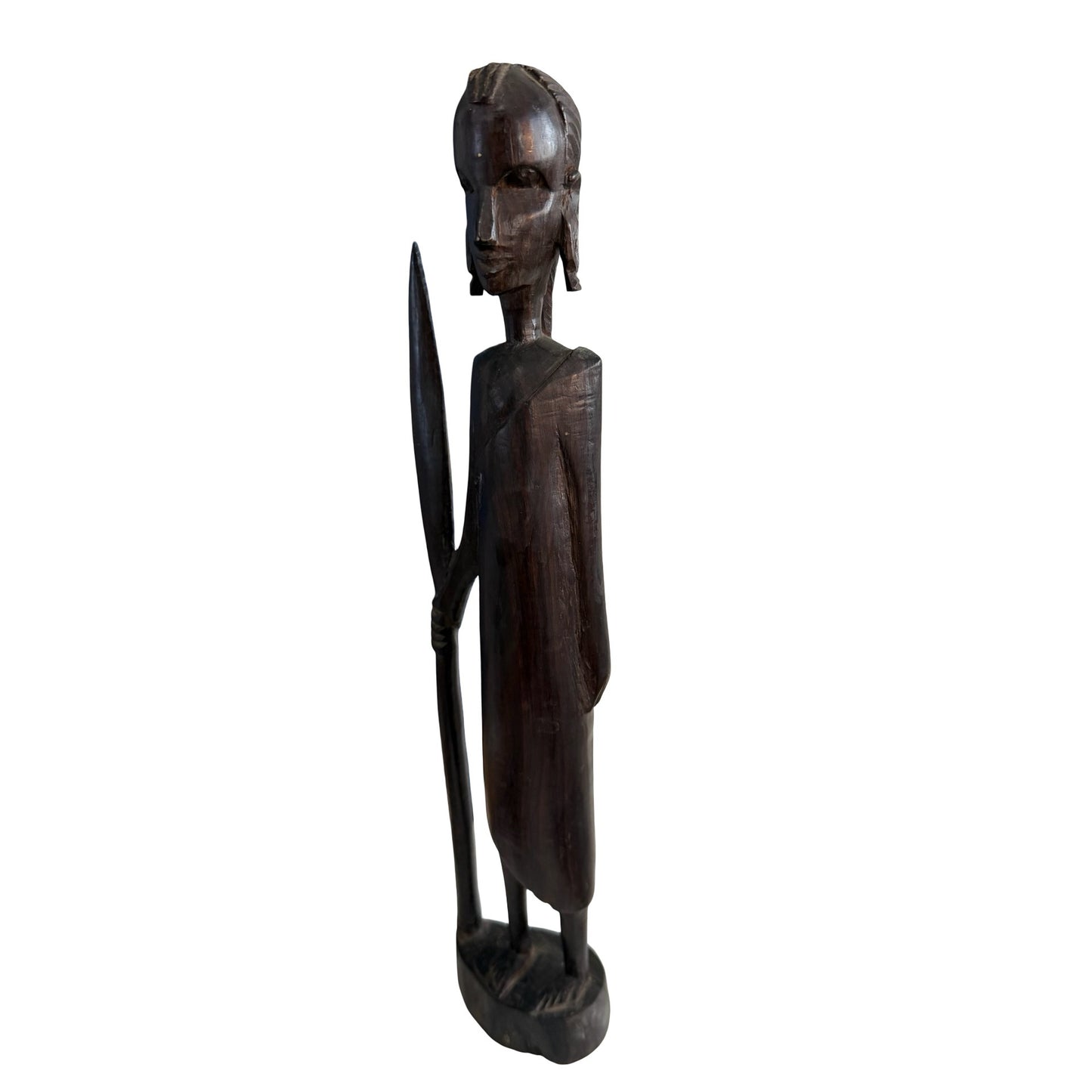 Hand Carved African Warrior Sculpture Wood Figure with Spear 12" Tribal Folk Art Statue