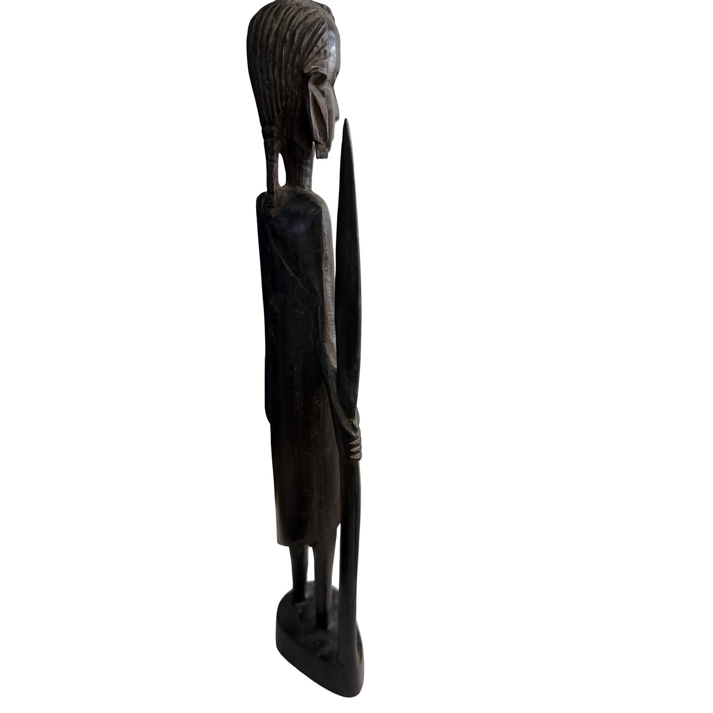Hand Carved African Warrior Sculpture Wood Figure with Spear 12" Tribal Folk Art Statue