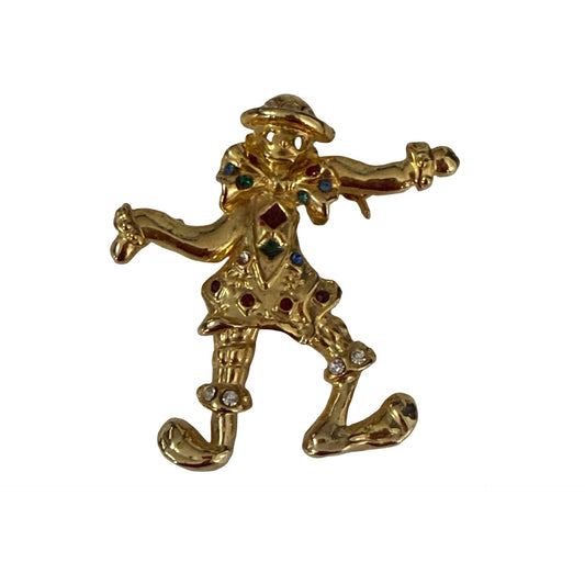 Vintage Dancing Clown Brooch Gold Tone Multicolor Rhinestone Jester Pin 2"