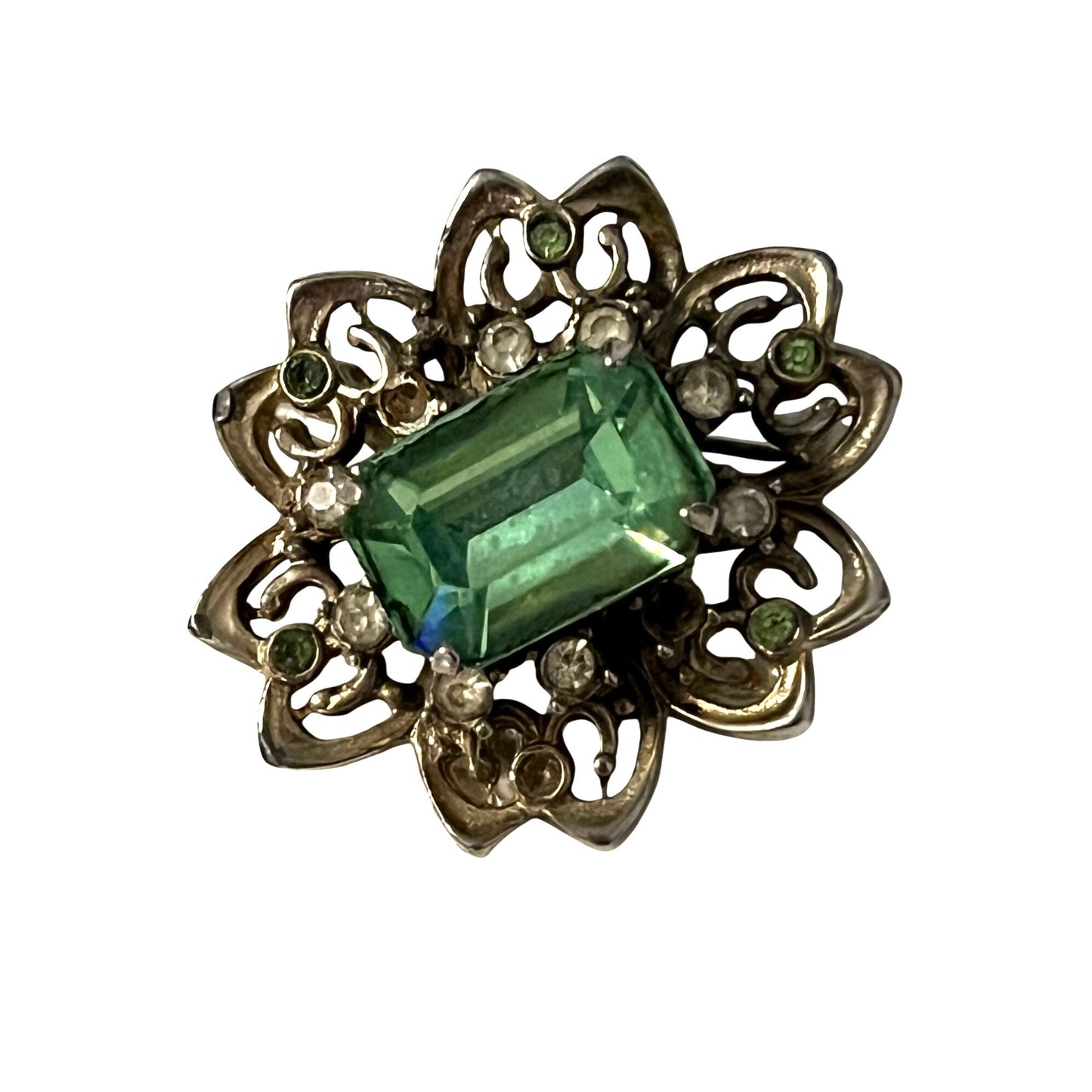 Vintage Emerald Green Rhinestone Brooch Gold Tone Floral Pin Statement Jewelry 1.25”