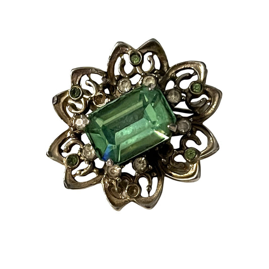Vintage Emerald Green Rhinestone Brooch Gold Tone Floral Pin Statement Jewelry 1.25”