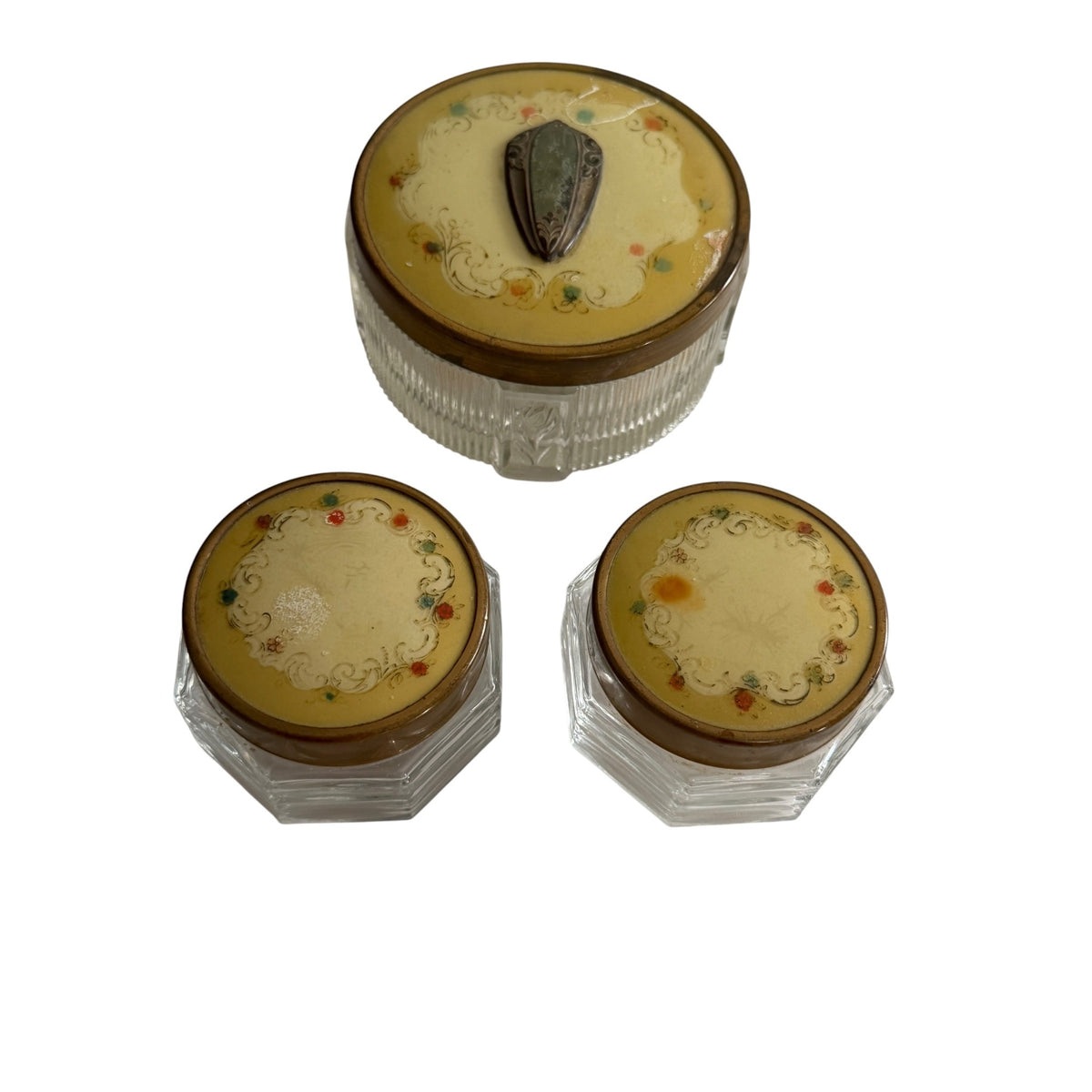 Antique 1930s Art Deco Celluloid Vanity Jar Set Glass Powder Cosmetic Jars 3 Pc