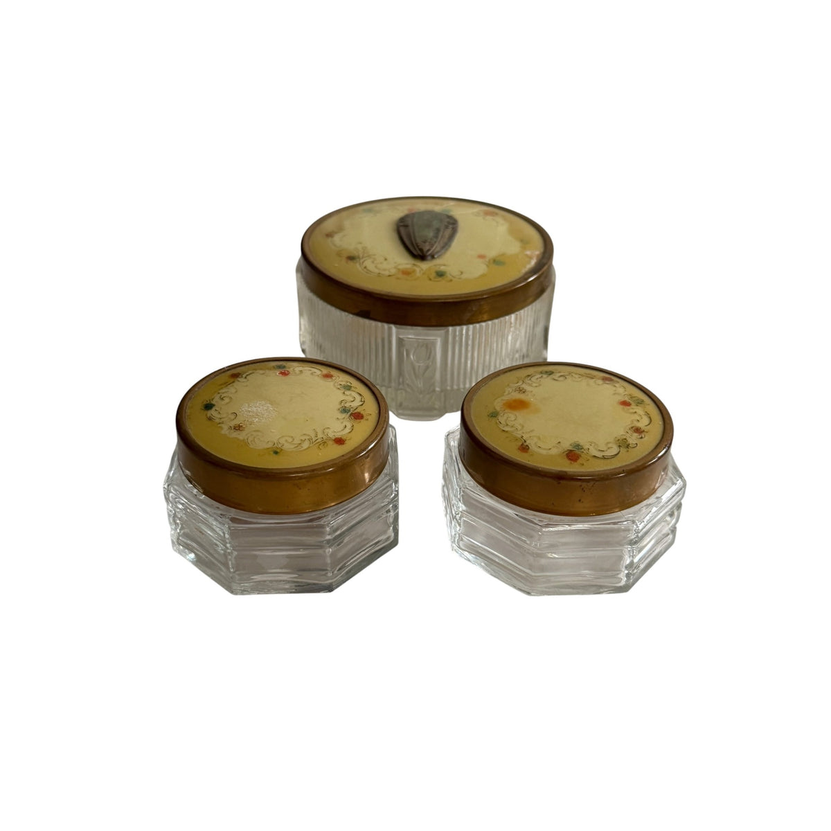 Antique 1930s Art Deco Celluloid Vanity Jar Set Glass Powder Cosmetic Jars 3 Pc
