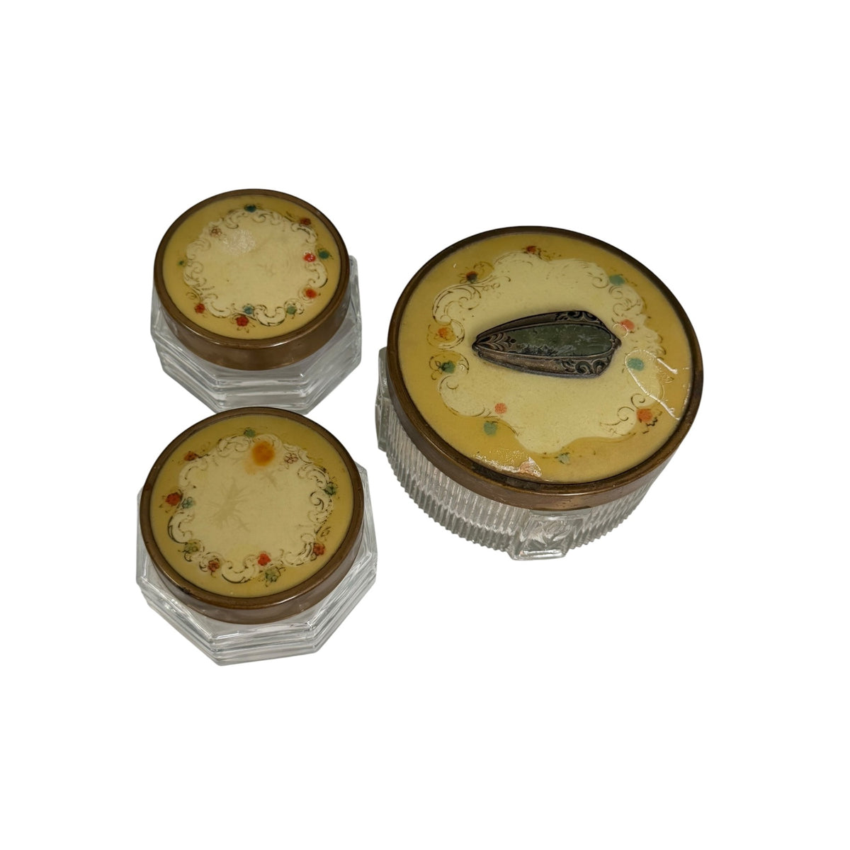 Antique 1930s Art Deco Celluloid Vanity Jar Set Glass Powder Cosmetic Jars 3 Pc