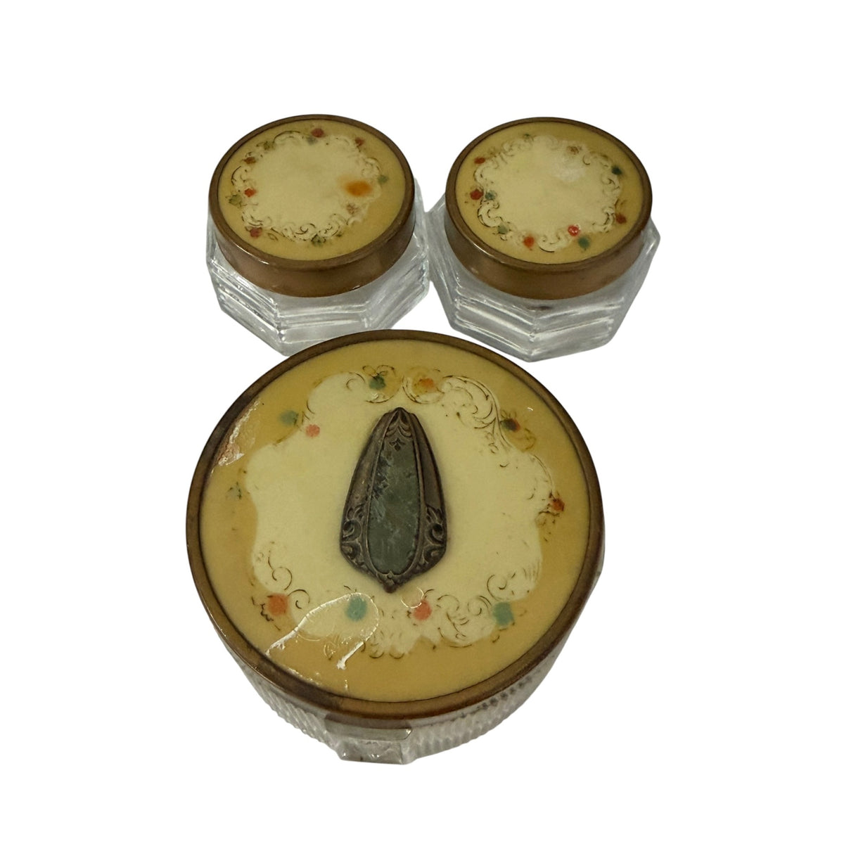 Antique 1930s Art Deco Celluloid Vanity Jar Set Glass Powder Cosmetic Jars 3 Pc