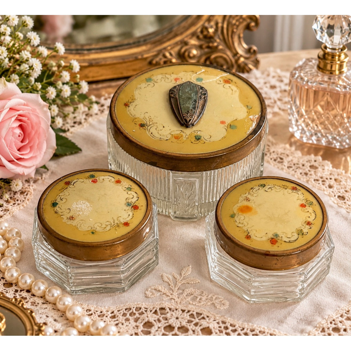 Antique 1930s Art Deco Celluloid Vanity Jar Set Glass Powder Cosmetic Jars 3 Pc