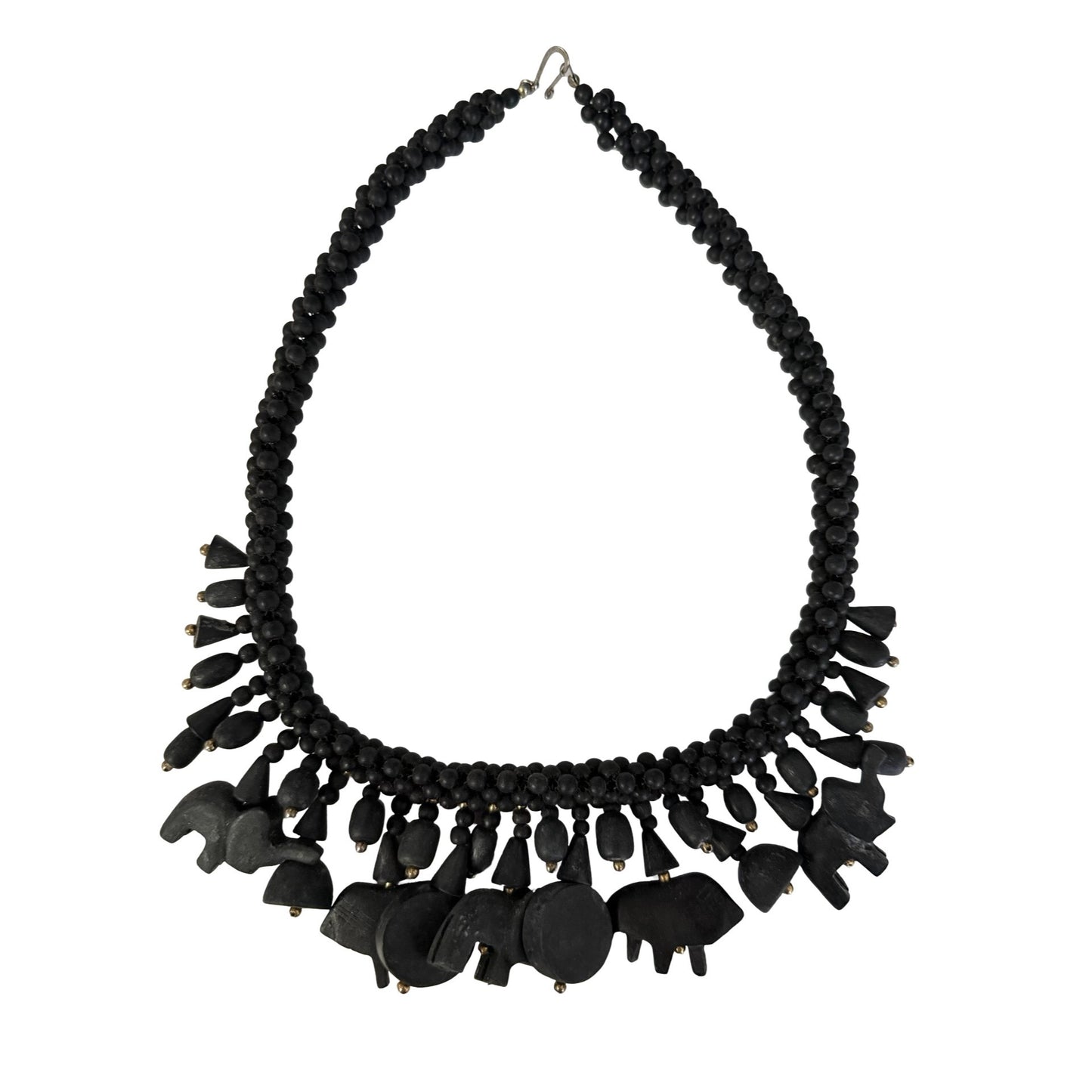 Vintage Black Carved Wood Animal Necklace Tribal Folk Art Statement Necklace 18"