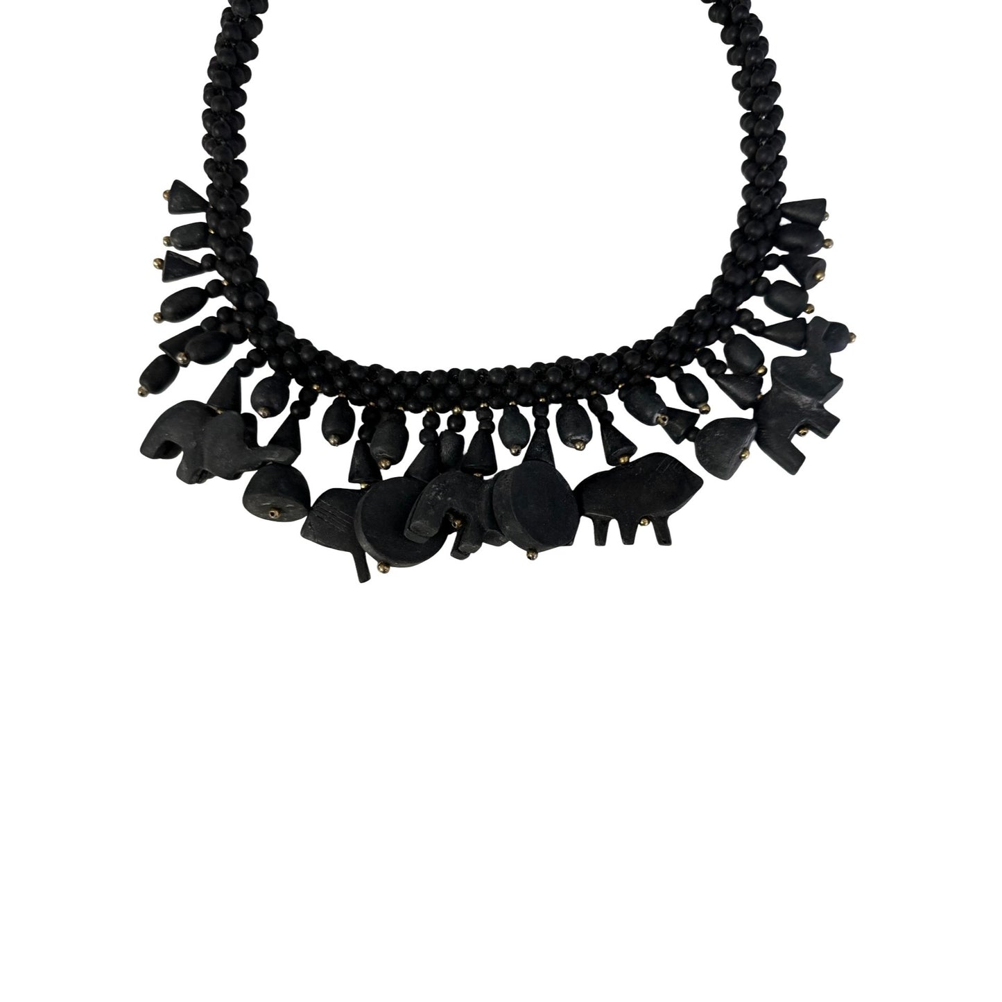 Vintage Black Carved Wood Animal Necklace Tribal Folk Art Statement Necklace 18"