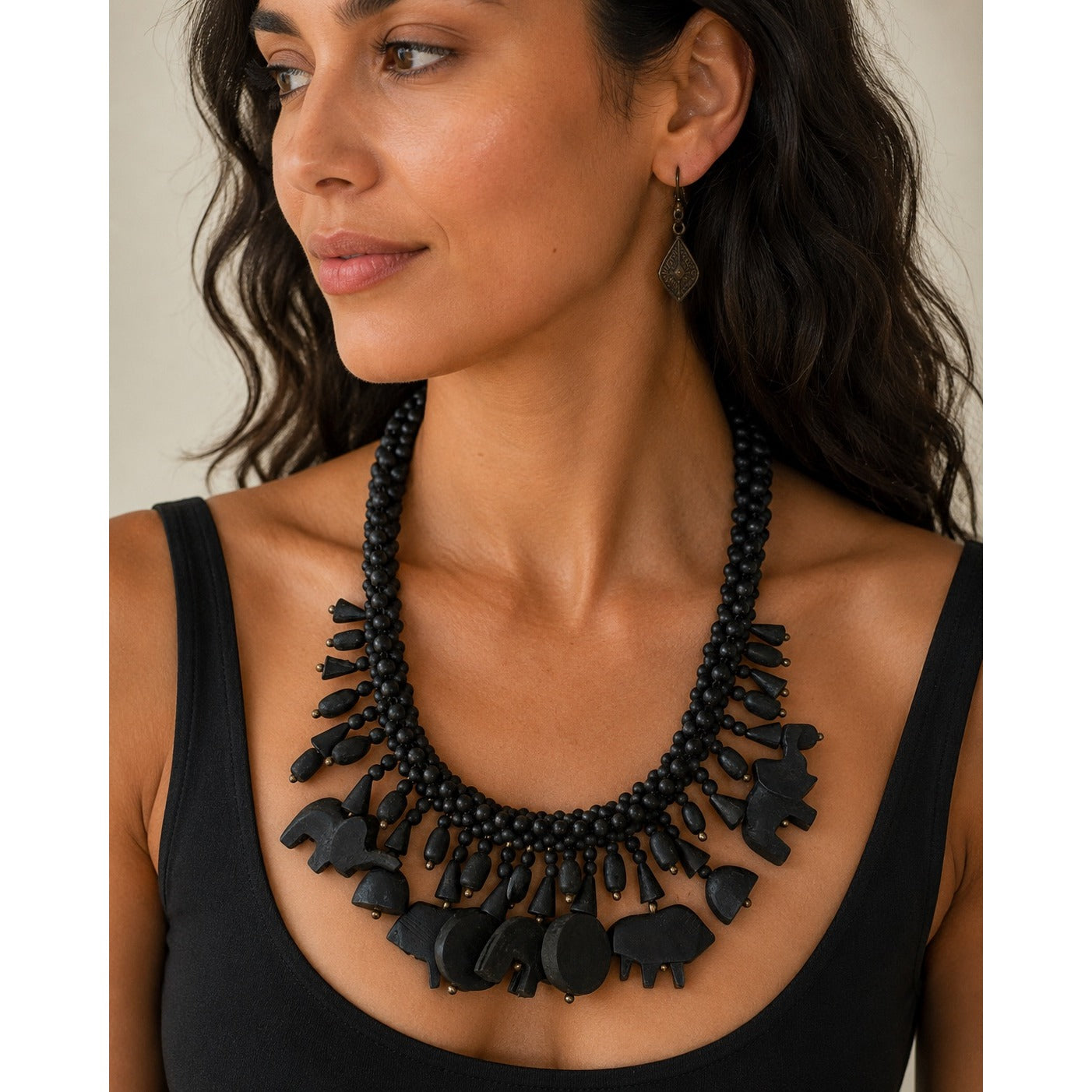 Vintage Black Carved Wood Animal Necklace Tribal Folk Art Statement Necklace 18"