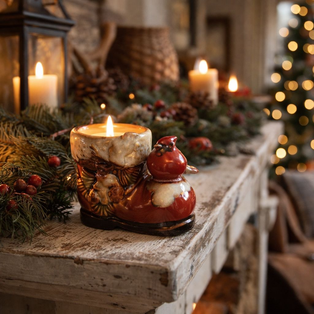 VTG Kirkland's Cardinal on Santa Claus Boot Tealight Holder – Rustic Festive Decor
