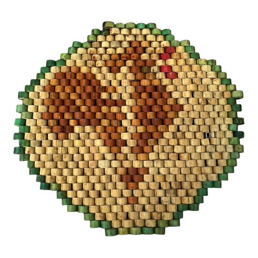 Vintage Handcrafted Woven Rooster Trivet Hot Pad Natural Wood Beads Round 7.5" Multicolor Bohemian Kitchen Décor