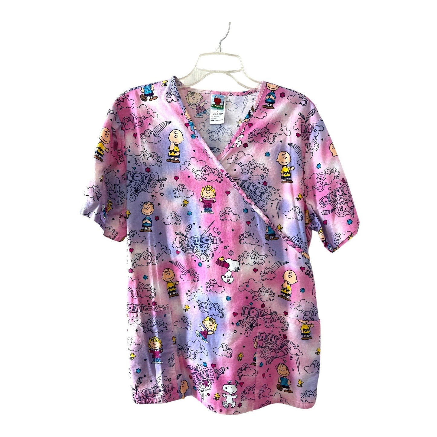Peanuts Scrub Top Pink Tie Dye Snoopy Charlie Brown Women’s L