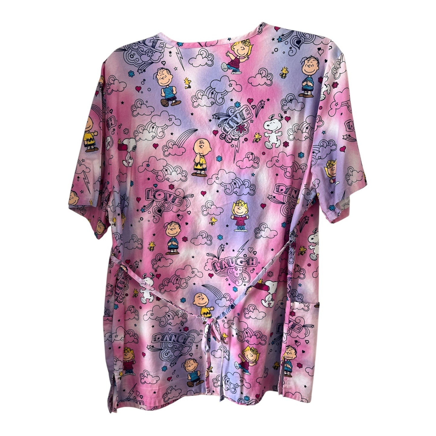 Peanuts Scrub Top Pink Tie Dye Snoopy Charlie Brown Women’s L