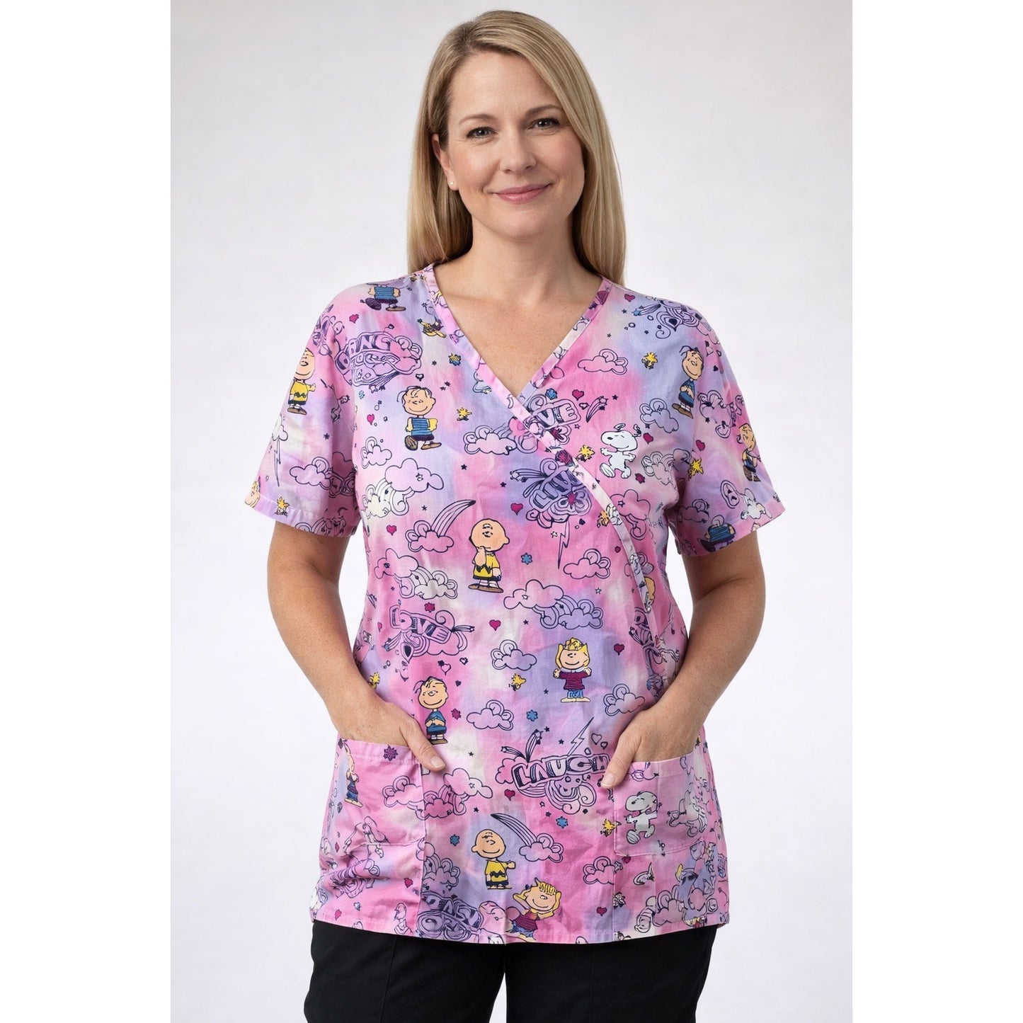 Peanuts Scrub Top Pink Tie Dye Snoopy Charlie Brown Women’s L