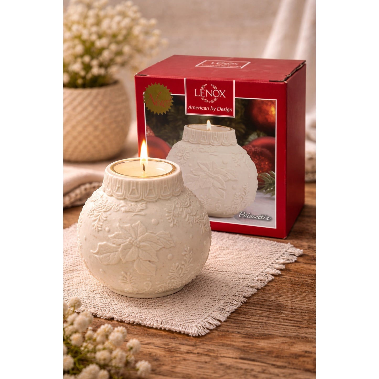 Lenox Ornamental Glow Poinsettia Votive Candle Holder 4 Inch Ivory Porcelain