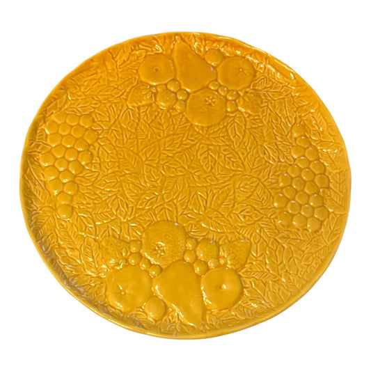 80s-90s GF Portugal Yellow Ceramic Fruit Plate – Embossed 13.5” Round – Faianças Neto & Gomes