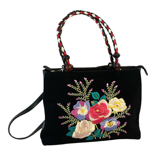 Vintage Floral Embroidered Canvas Handbag – Boho Braided Handles – Removable Strap – Black Purse 90s Y2K