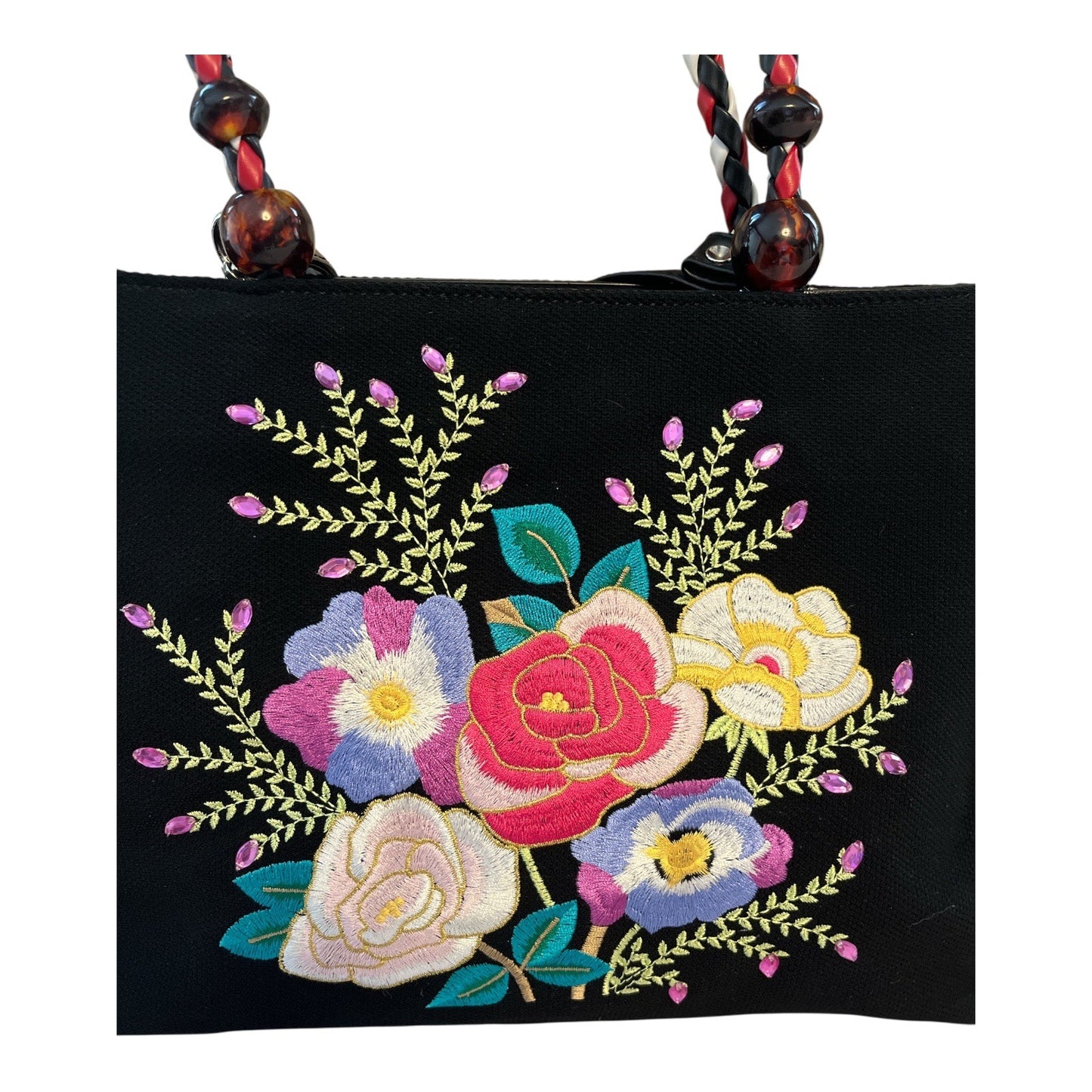 Vintage Floral Embroidered Canvas Handbag – Boho Braided Handles – Removable Strap – Black Purse 90s Y2K