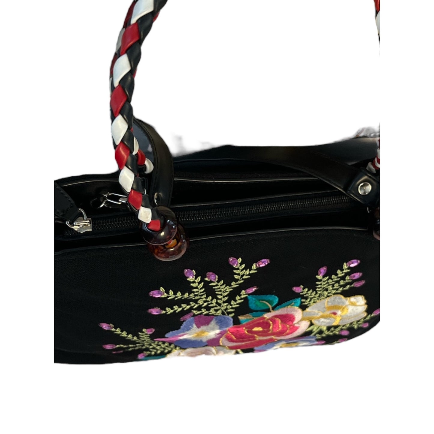 Vintage Floral Embroidered Canvas Handbag – Boho Braided Handles – Removable Strap – Black Purse 90s Y2K