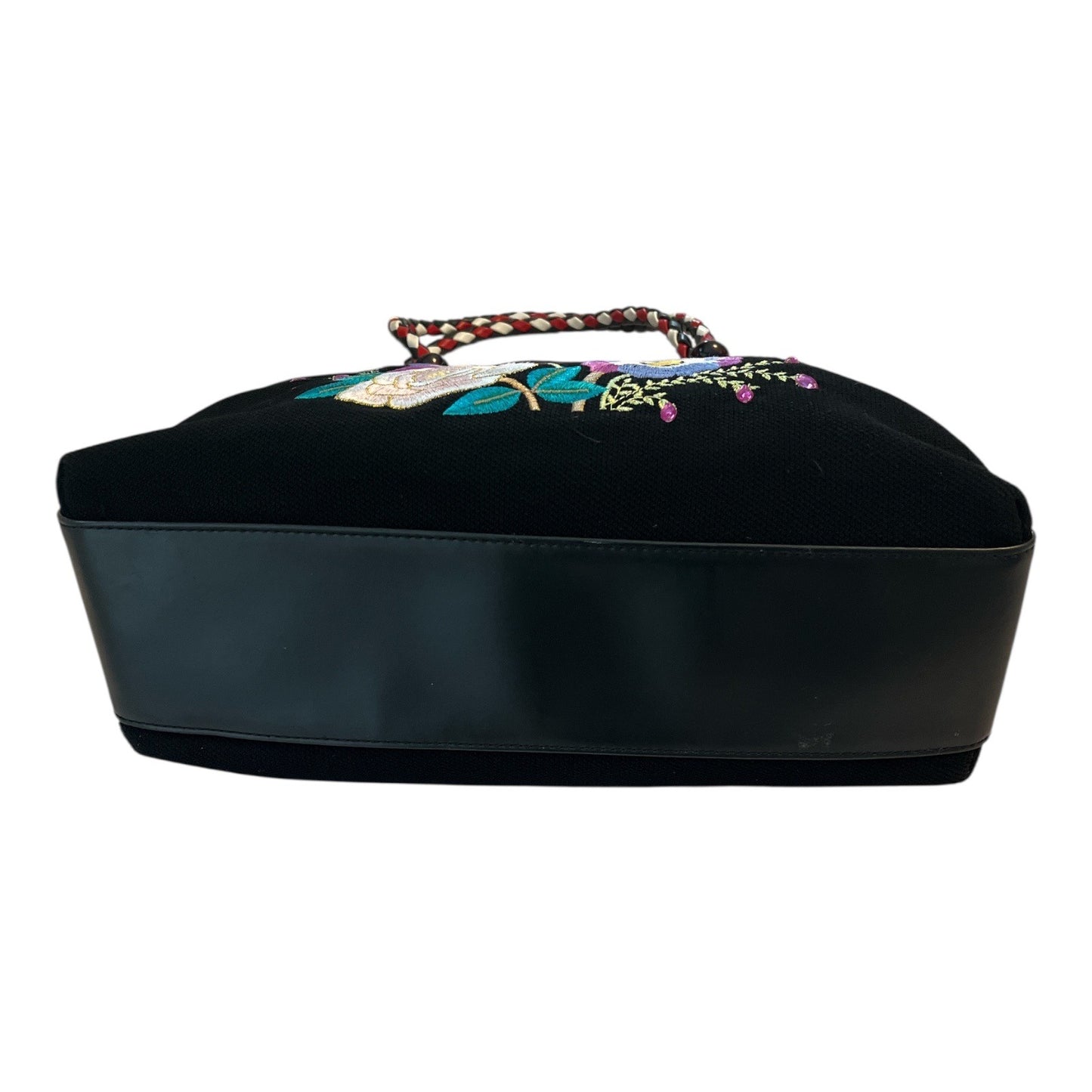 Vintage Floral Embroidered Canvas Handbag – Boho Braided Handles – Removable Strap – Black Purse 90s Y2K