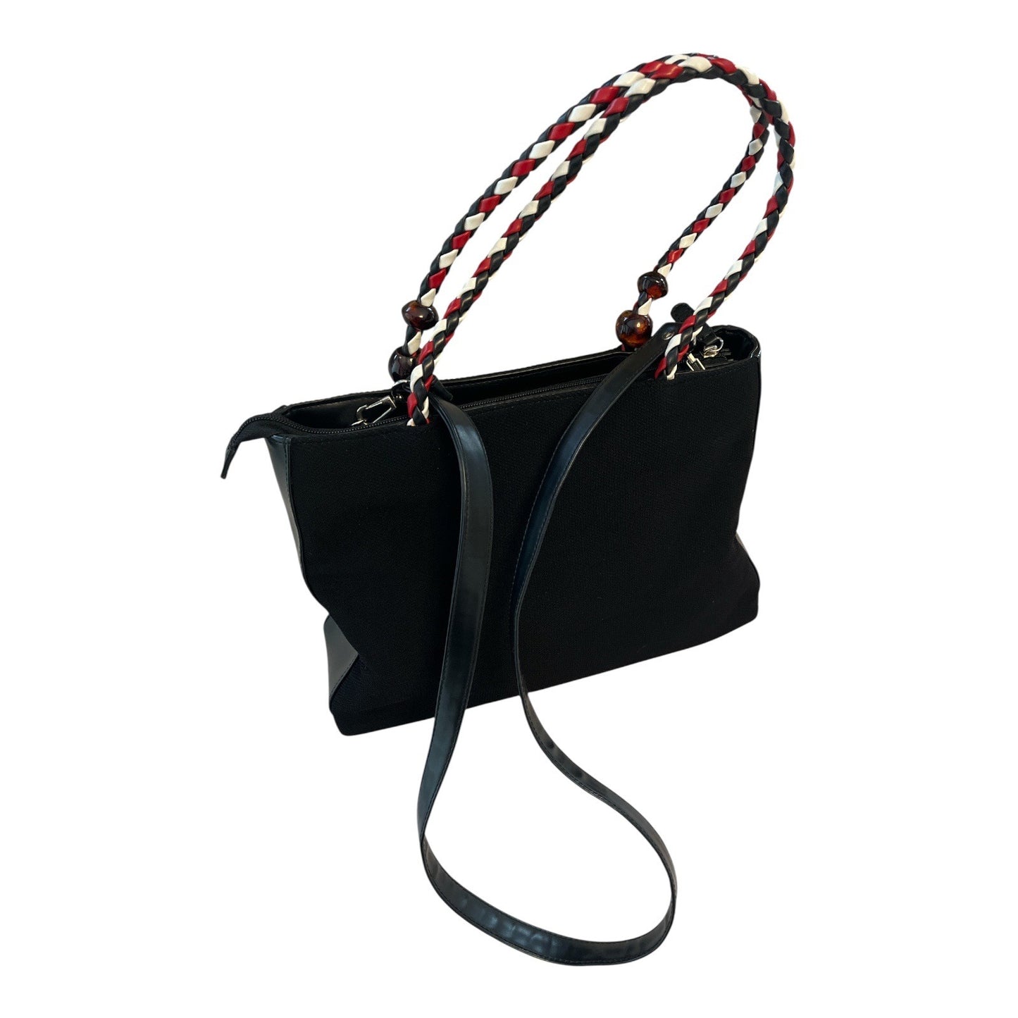 Vintage Floral Embroidered Canvas Handbag – Boho Braided Handles – Removable Strap – Black Purse 90s Y2K
