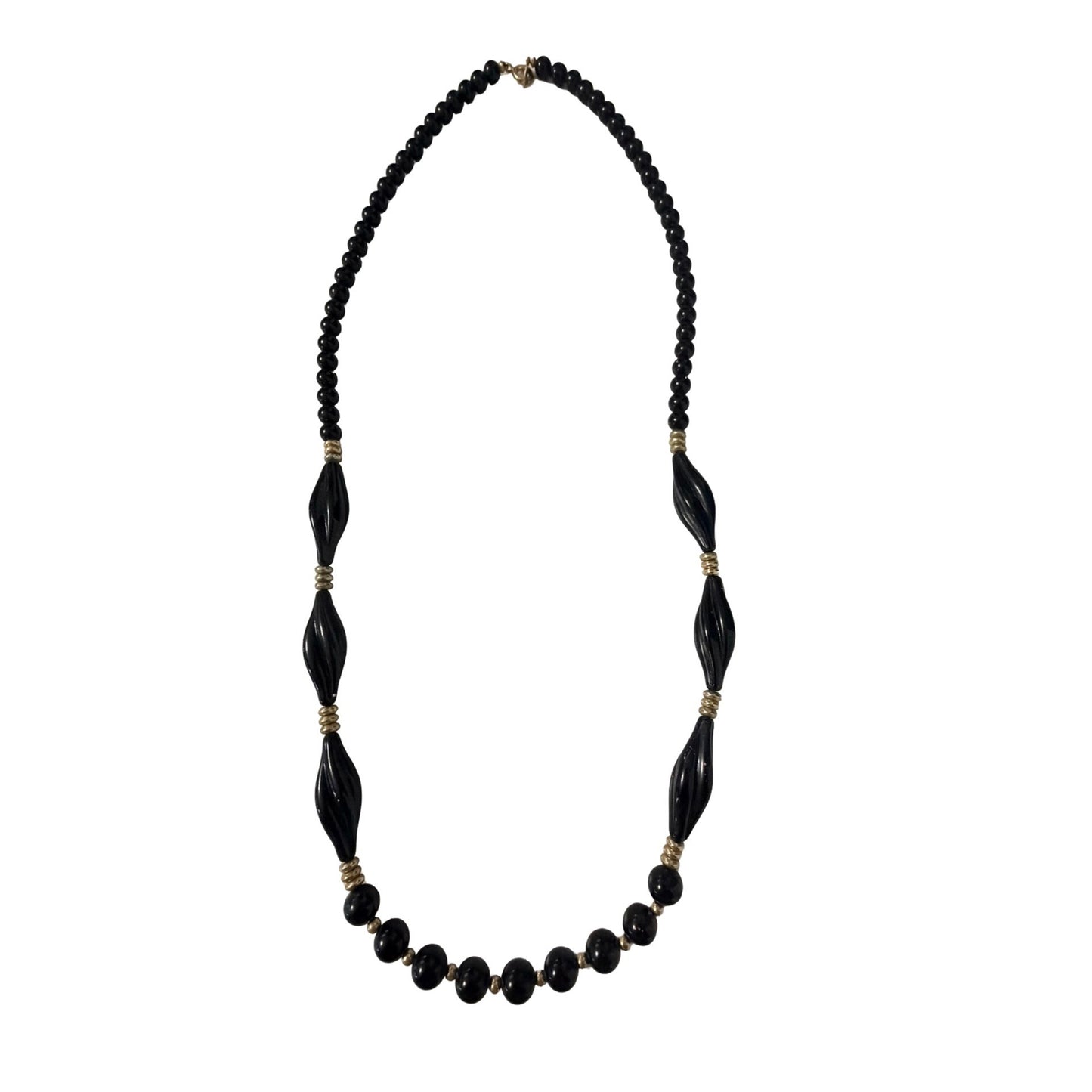 Vintage Black Bead Statement Necklace 22” Gold Tone Spacers Swirl Accent Beads