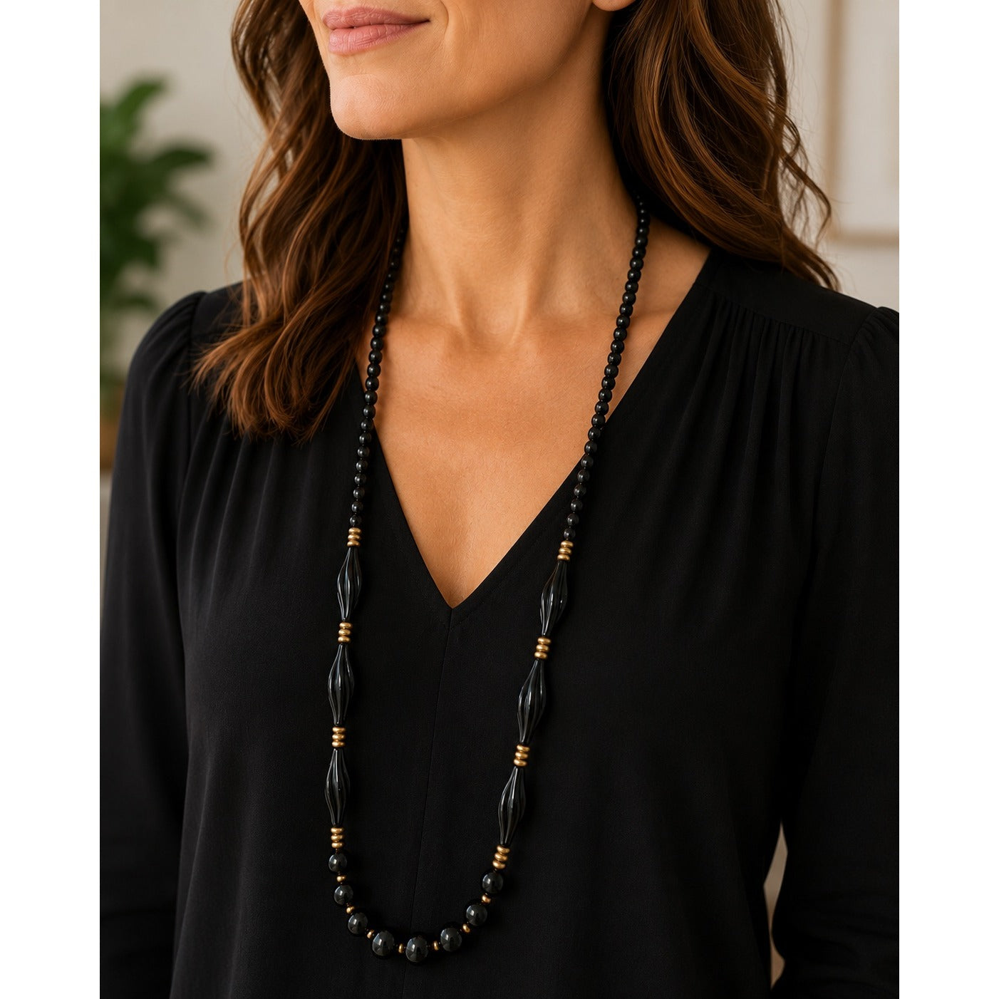 Vintage Black Bead Statement Necklace 22” Gold Tone Spacers Swirl Accent Beads
