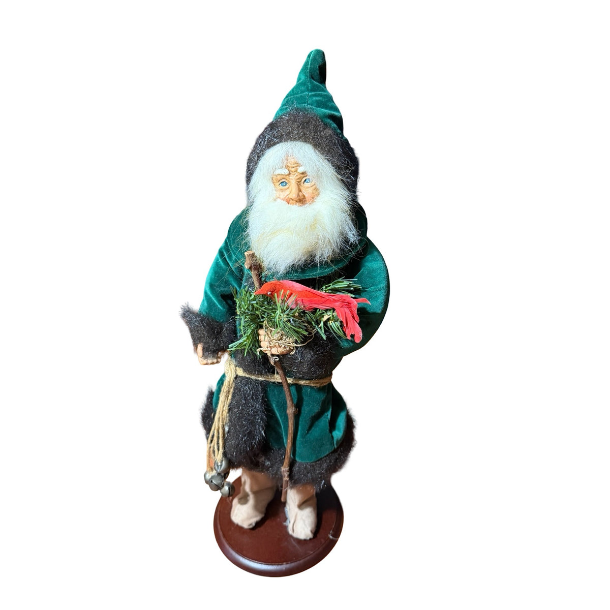 Vintage 18 Inch Woodland Santa Father Christmas Green Velvet with Red Cardinal