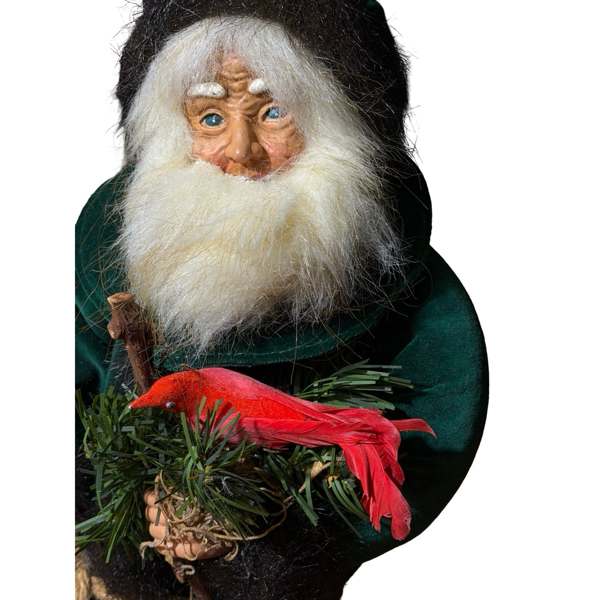Vintage 18 Inch Woodland Santa Father Christmas Green Velvet with Red Cardinal