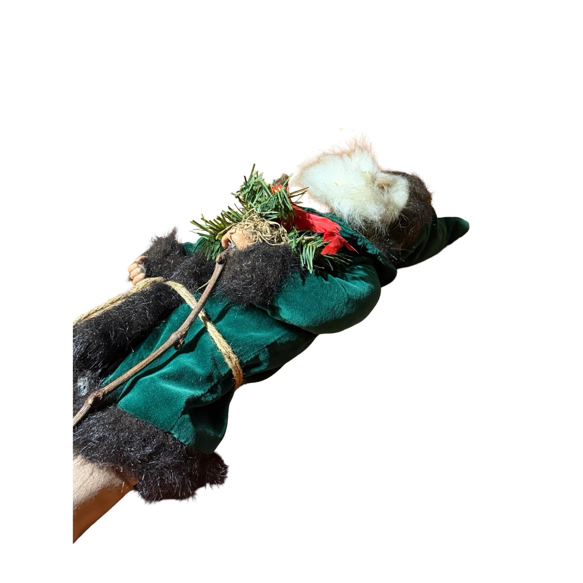 Vintage 18 Inch Woodland Santa Father Christmas Green Velvet with Red Cardinal