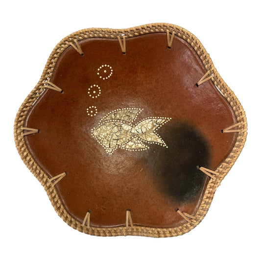Vintage Mid-Century Decorative Bowl – Fish Inlay with Rattan Trim – 10”