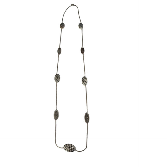 Silver Tone Long Station Necklace Textured Oval Boho Metal 32"