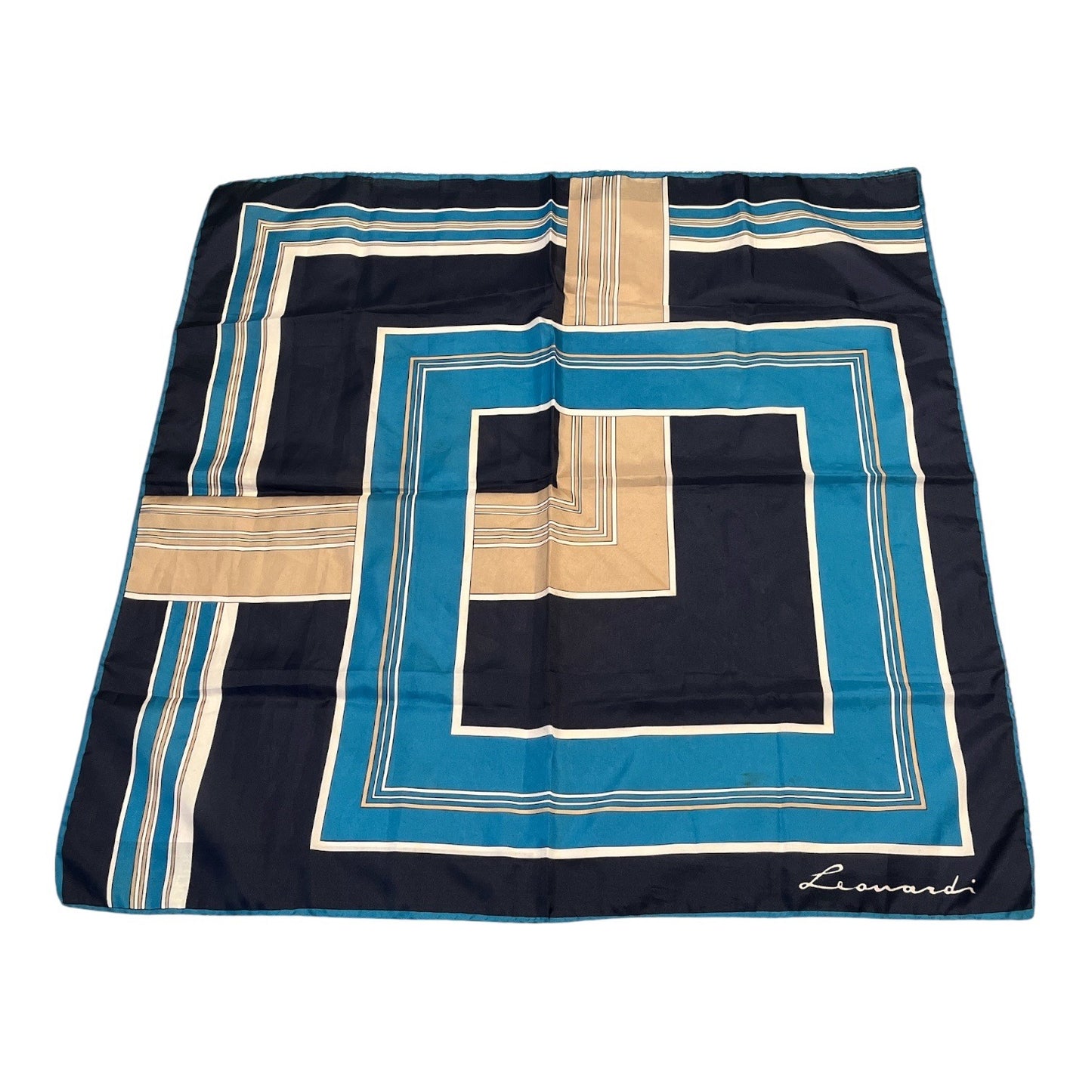 Vintage Leonardi Geometric Square Scarf Blue Navy Tan 30 Inch Retro Mod