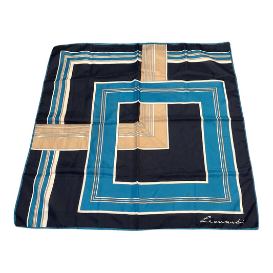 Vintage Leonardi Geometric Square Scarf Blue Navy Tan 30 Inch Retro Mod