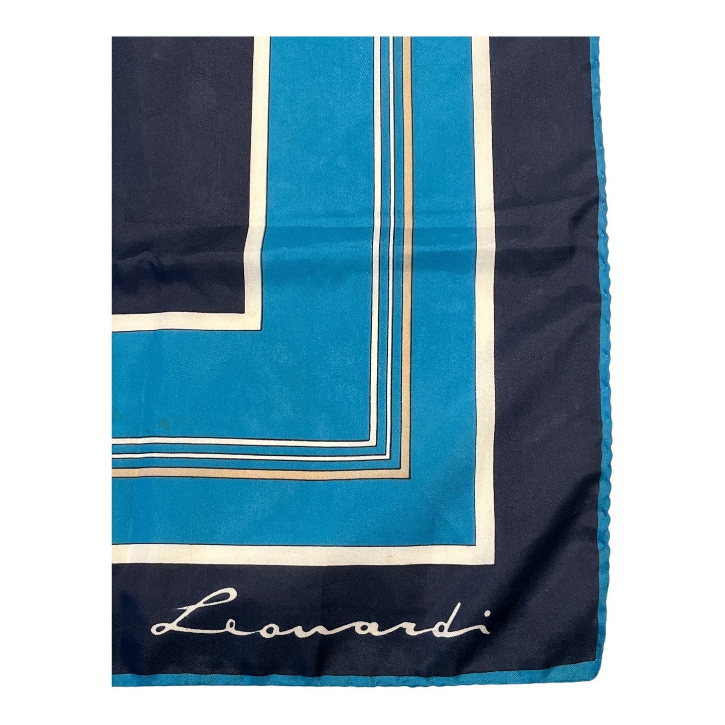 Vintage Leonardi Geometric Square Scarf Blue Navy Tan 30 Inch Retro Mod