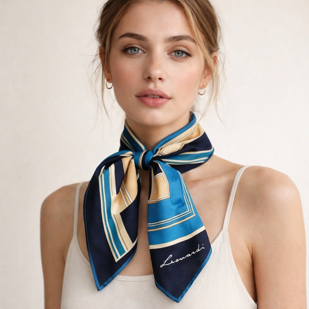 Vintage Leonardi Geometric Square Scarf Blue Navy Tan 30 Inch Retro Mod