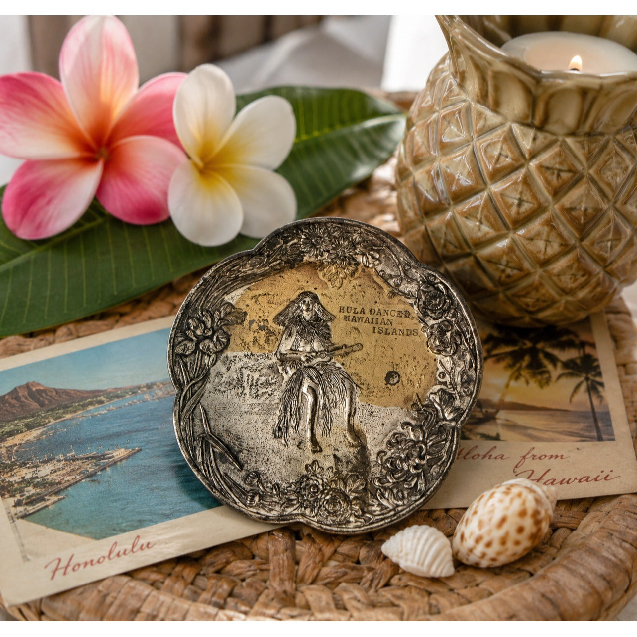 Vintage Hula Dancer Hawaiian Islands Souvenir Trinket Dish Small Metal Tray