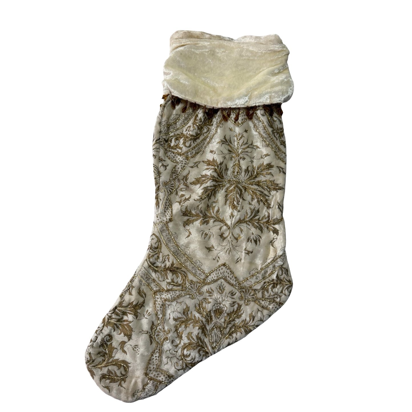 Bombay Ivory Gold Beaded Christmas Stocking Velvet Holiday Decor Mantel Hanging 20"