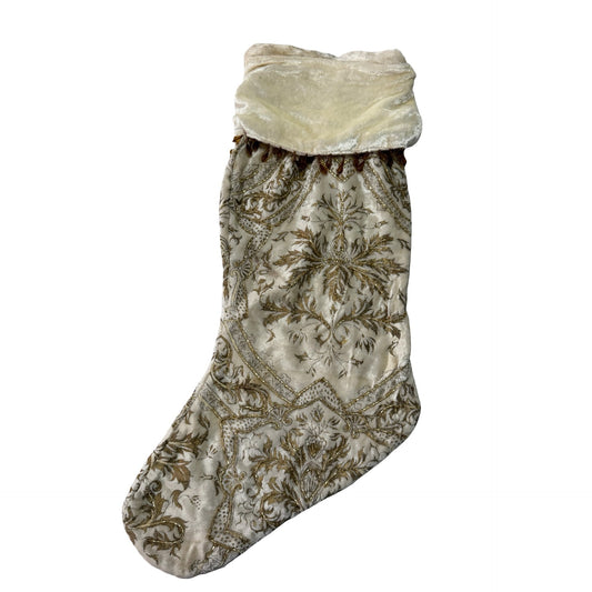 Bombay Ivory Gold Beaded Christmas Stocking Velvet Holiday Decor Mantel Hanging 20"