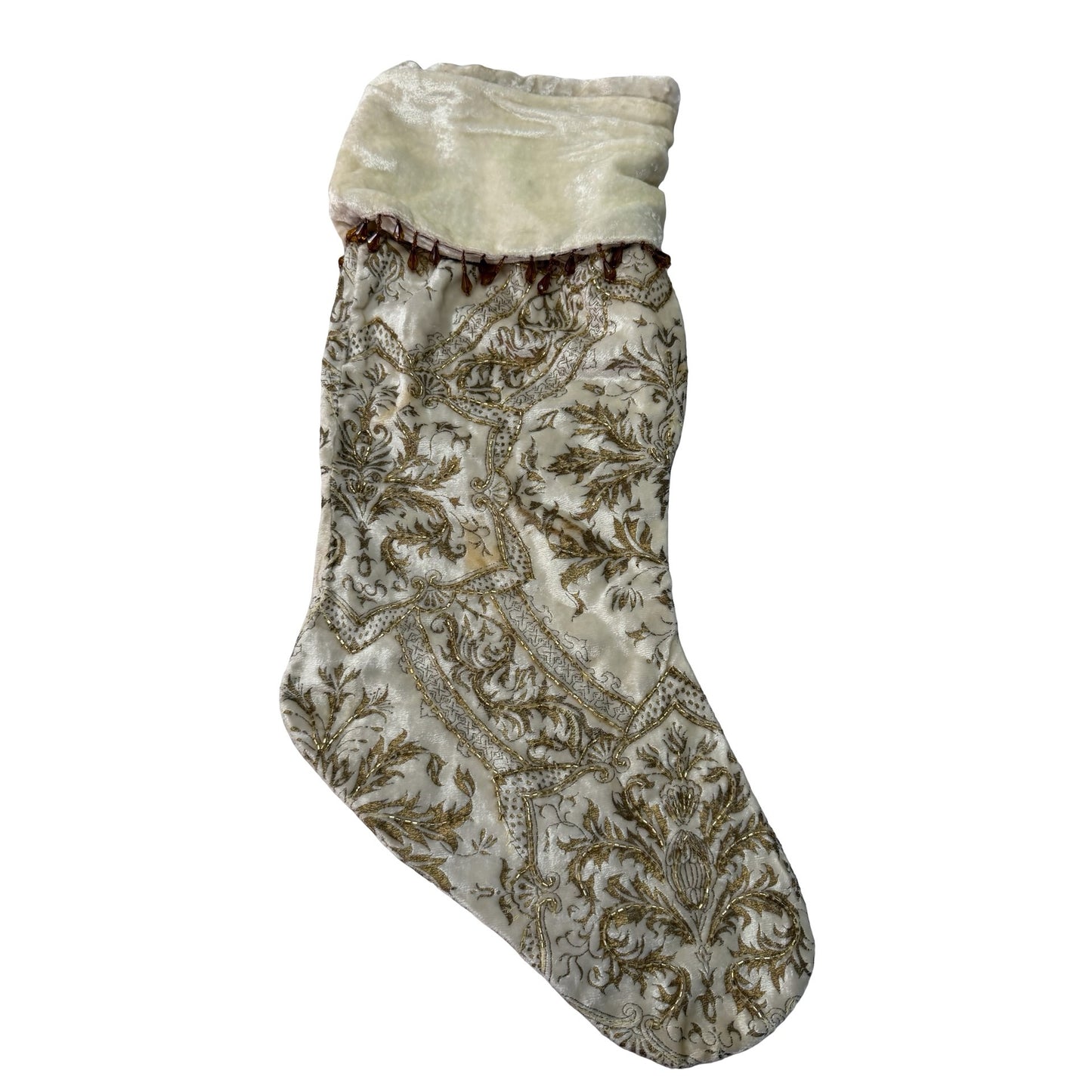 Bombay Ivory Gold Beaded Christmas Stocking Velvet Holiday Decor Mantel Hanging 20"