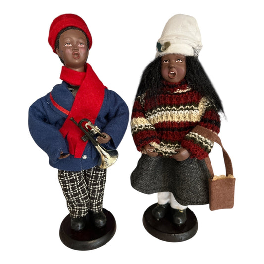 Handmade Black Caroler Dolls – Boy with Trumpet & Girl with Purse – 9” on Wood Stands
