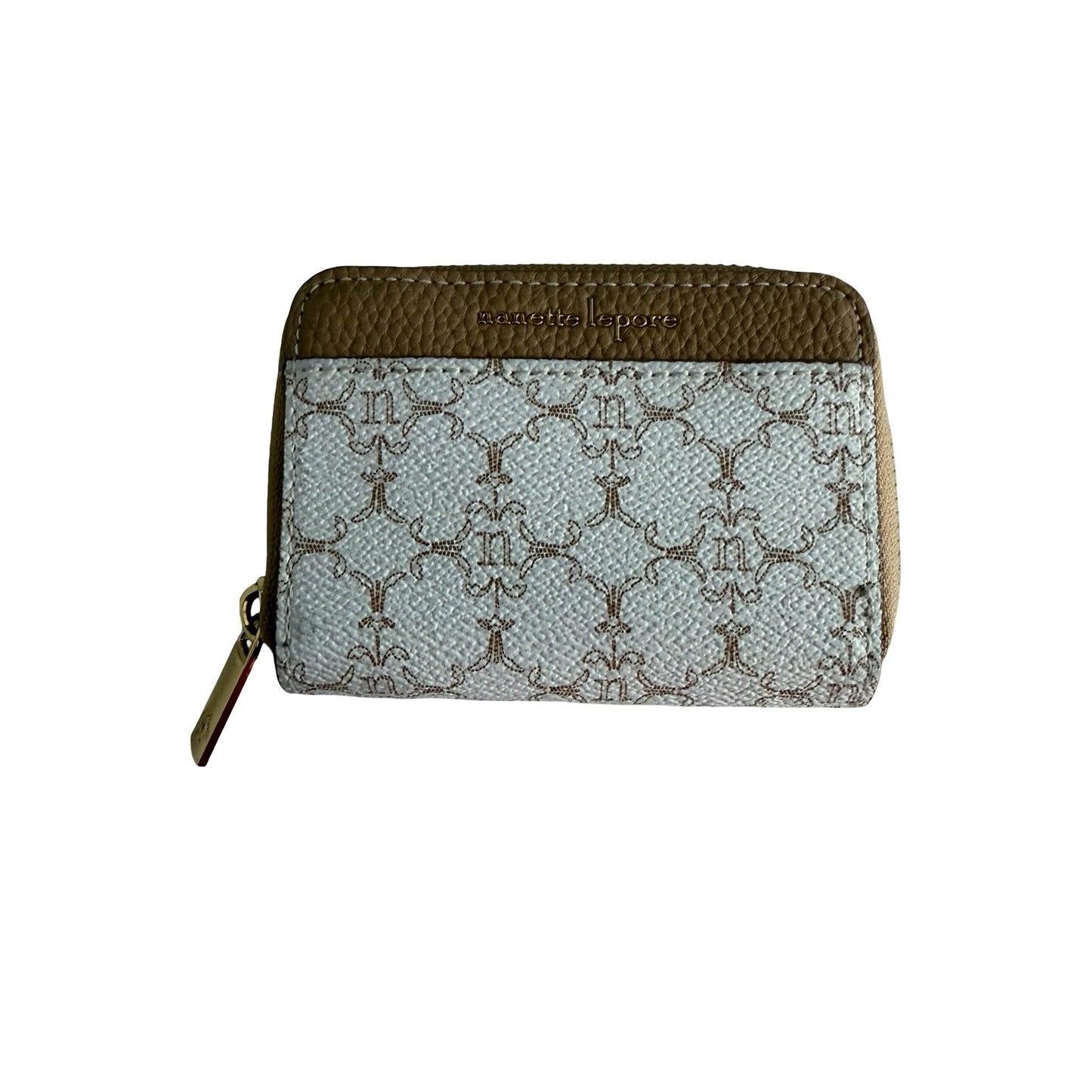 Nanette Lepore Monogram Zip Around Accordion Card Holder Wallet Cream Taupe